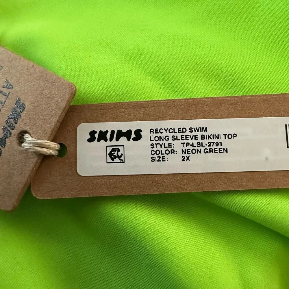 NWT SKIMS Recycled Swim Long Sleeve Bikini Neon Green Swim Top